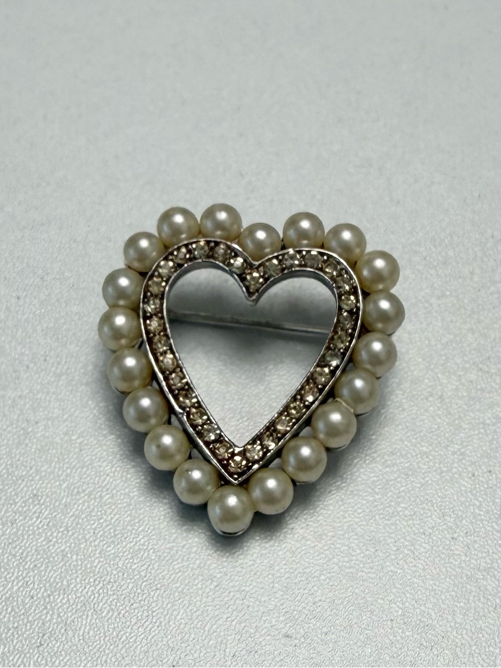 Trifari Heart-Shaped Pearl & Rhinestone Brooch - Cream, Silver